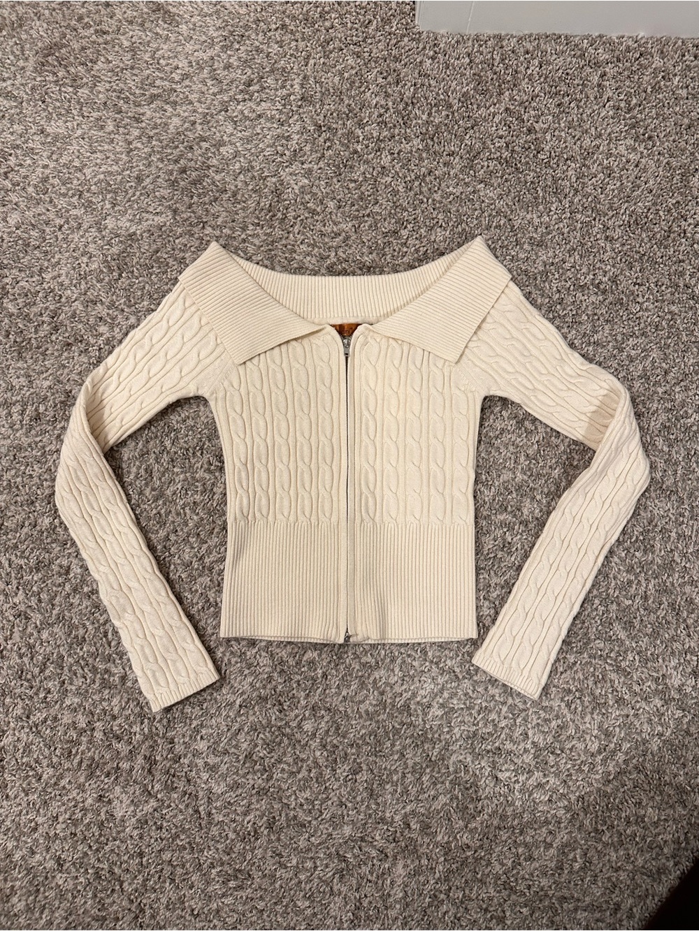 Cream Off-the-Shoulder Cable Knit Zip Sweater